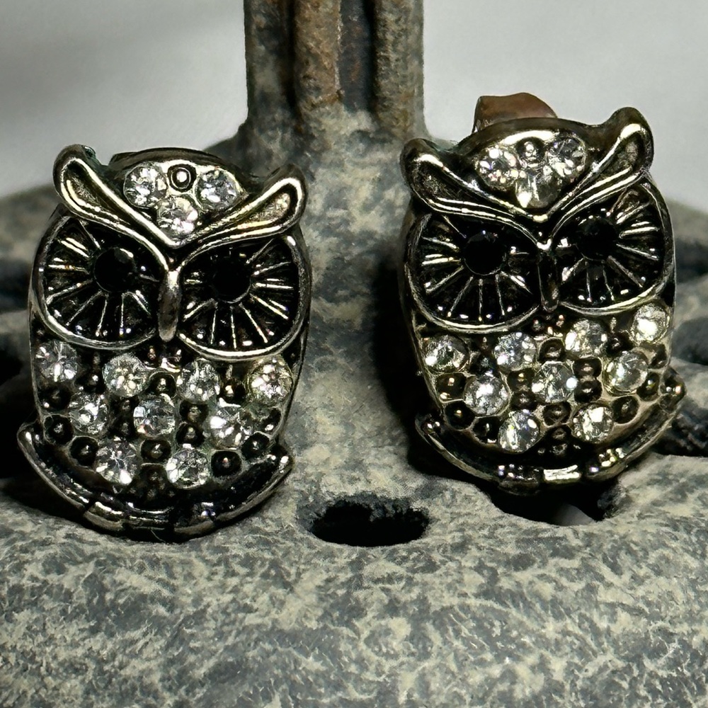 Dainty small sparkly rhinestone owl earrings